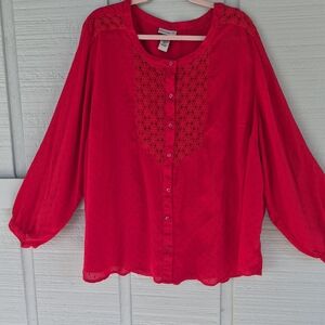 3X Catherines Vibrant Red Button-Down Blouse L/ S With Roll Tabs Swiss Dot Fairy
